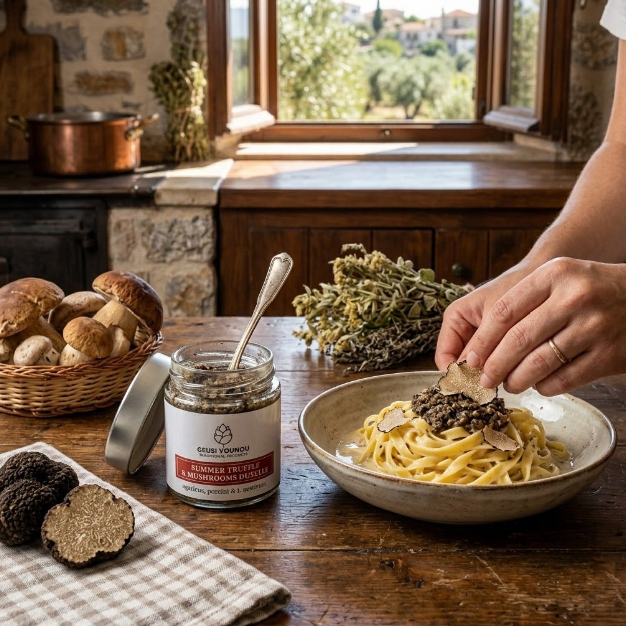 Rustikální kuchyňský stůl se sklenicí houbové pasty Geusi Vounou Summer Truffle & Mushrooms Duxelle, talířem těstovin, čerstvými hřiby porcini a černým letním lanýžem.
